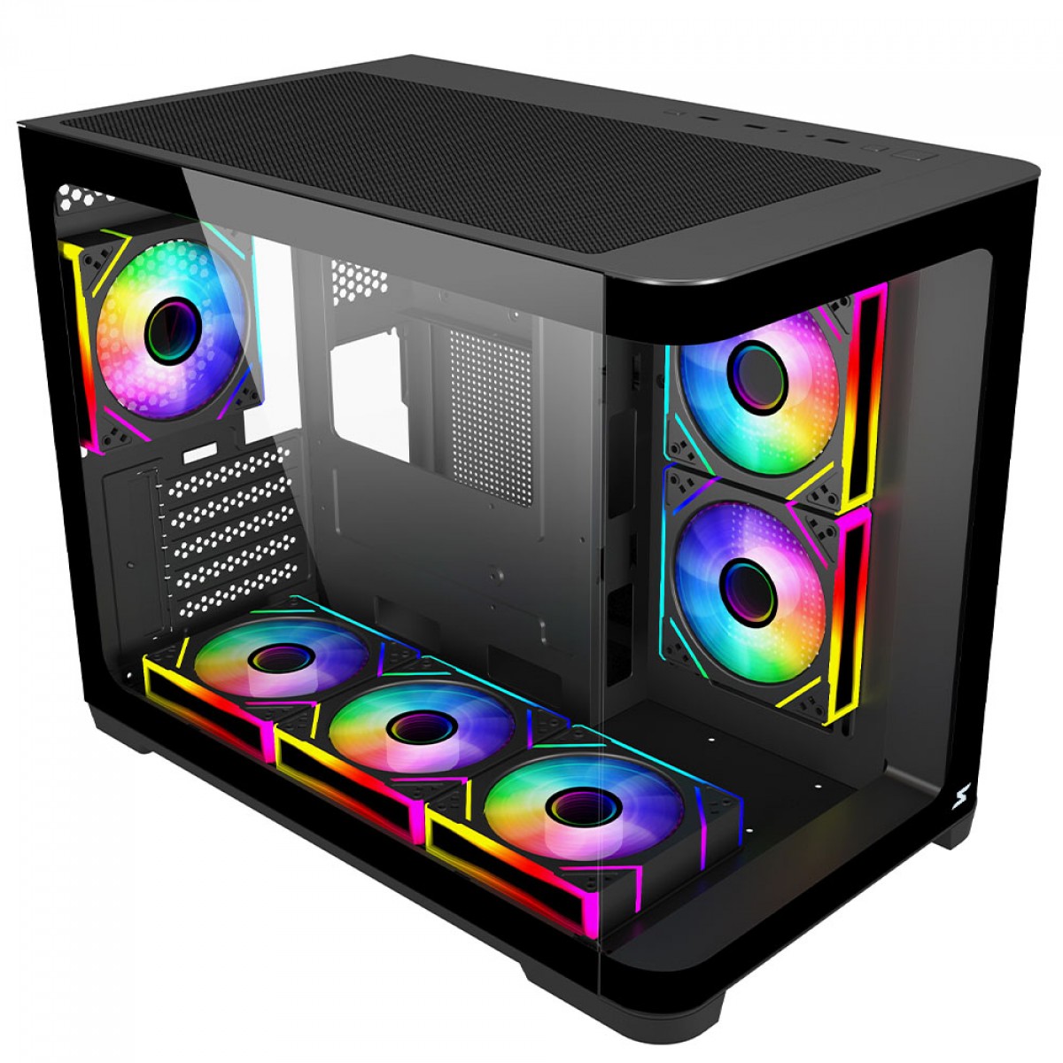 Gabinete Gamer SuperFrame Black Noir, Aquário, Mid Tower, Vidro Temperado, M-ATX, Preto, Sem Fonte, Com 3 Fans ARGB, SF-CS-BNMAB3F