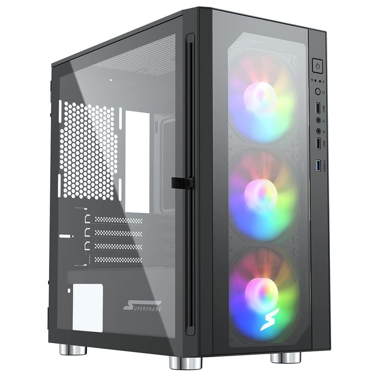 Gabinete Gamer SuperFrame Bunker, Mid Tower, Vidro Temperado, M-ATX, Black, Sem Fonte, Com 3 Fans