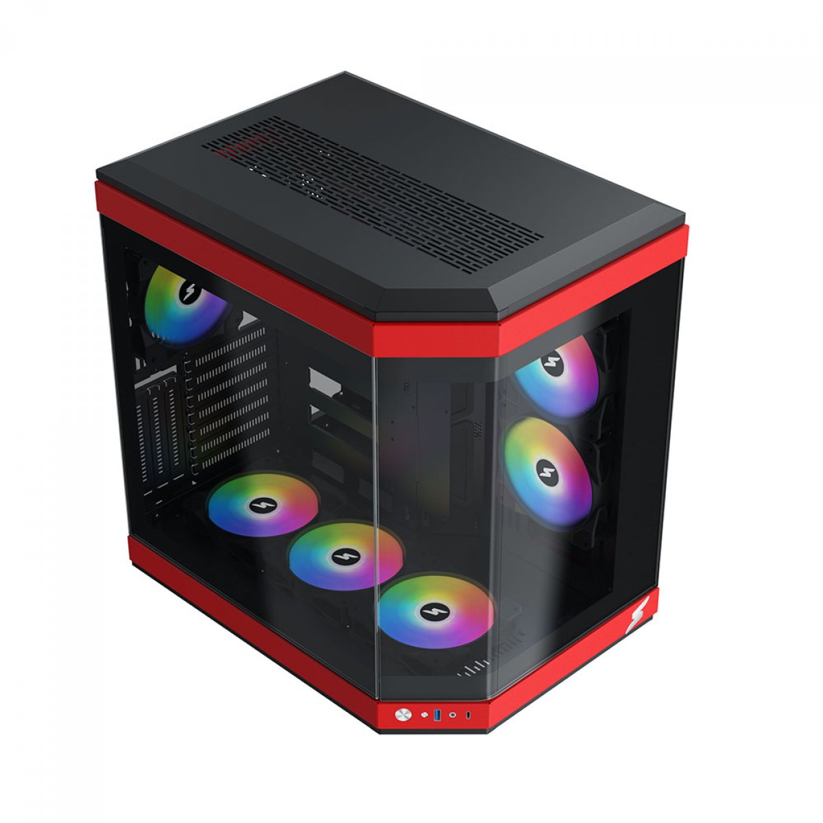 Gabinete Gamer SuperFrame Power Cube, Mid Tower, Vidro Temperado, EATX, Black/Red, Sem Fonte, Com 6 Fans 