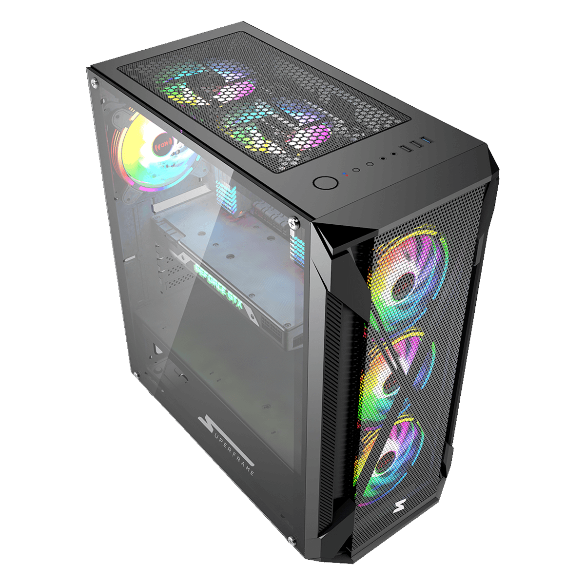 Gabinete Gamer SuperFrame Xtrike, RGB, Mid Tower, Acrílico, E-ATX, Black, Sem Fonte, Com 3 Fans