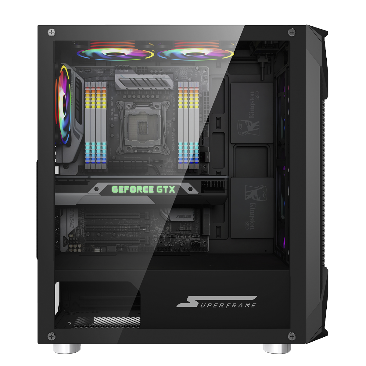 Gabinete Gamer SuperFrame Xtrike, RGB, Mid Tower, Acrílico, E-ATX, Black, Sem Fonte, Com 3 Fans