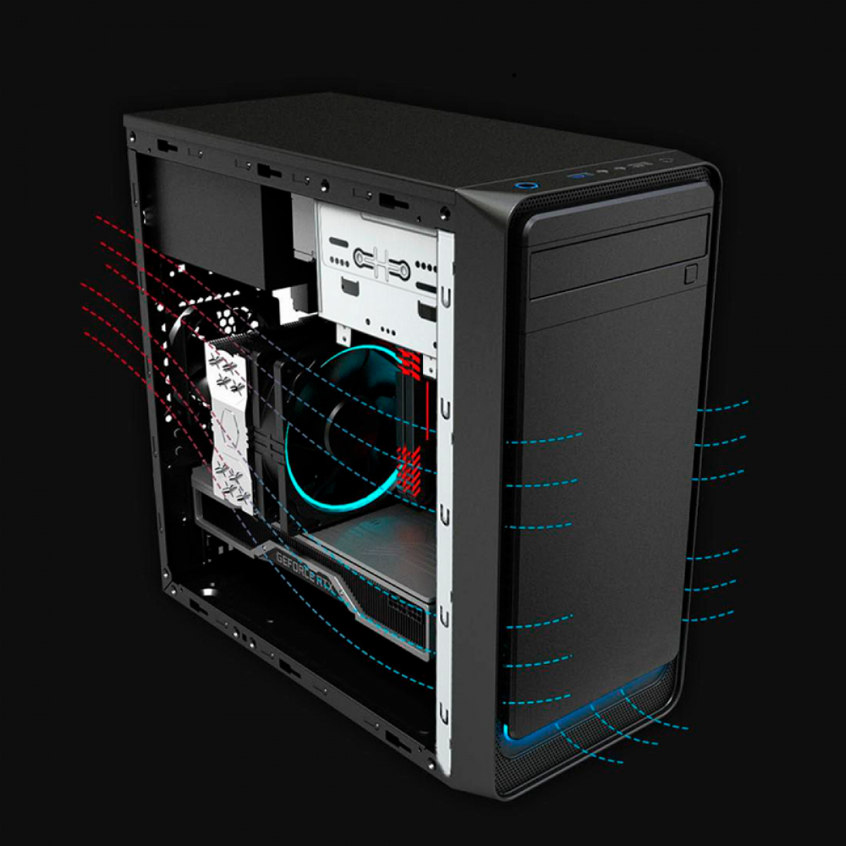 Gabinete PowerX 6503BK, Mini Tower, Black, Com Fita Led Blue, mATX, Com Fonte, Com Fan
