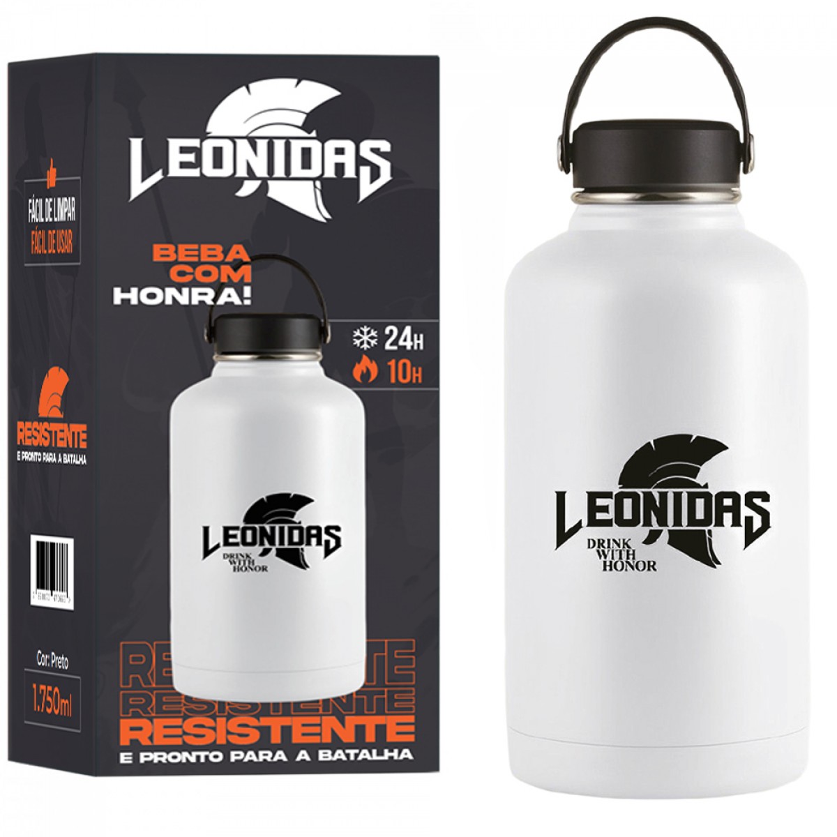 Garrafa Térmica Leonidas, 1.750ml, 24h Frio e 10h Quente, Metal, Branco