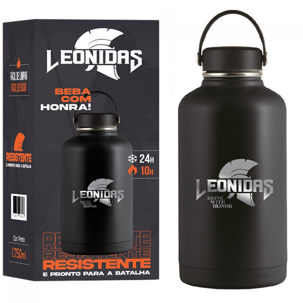 Garrafa Térmica Leonidas, 1.750ml, 24h Frio e 10h Quente, Metal, Preto
