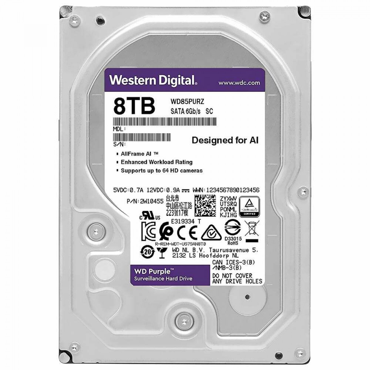 HD Western Digital Purple Surveillance, 8TB, Sata III, 5640RPM, 256MB, WD85PURZ