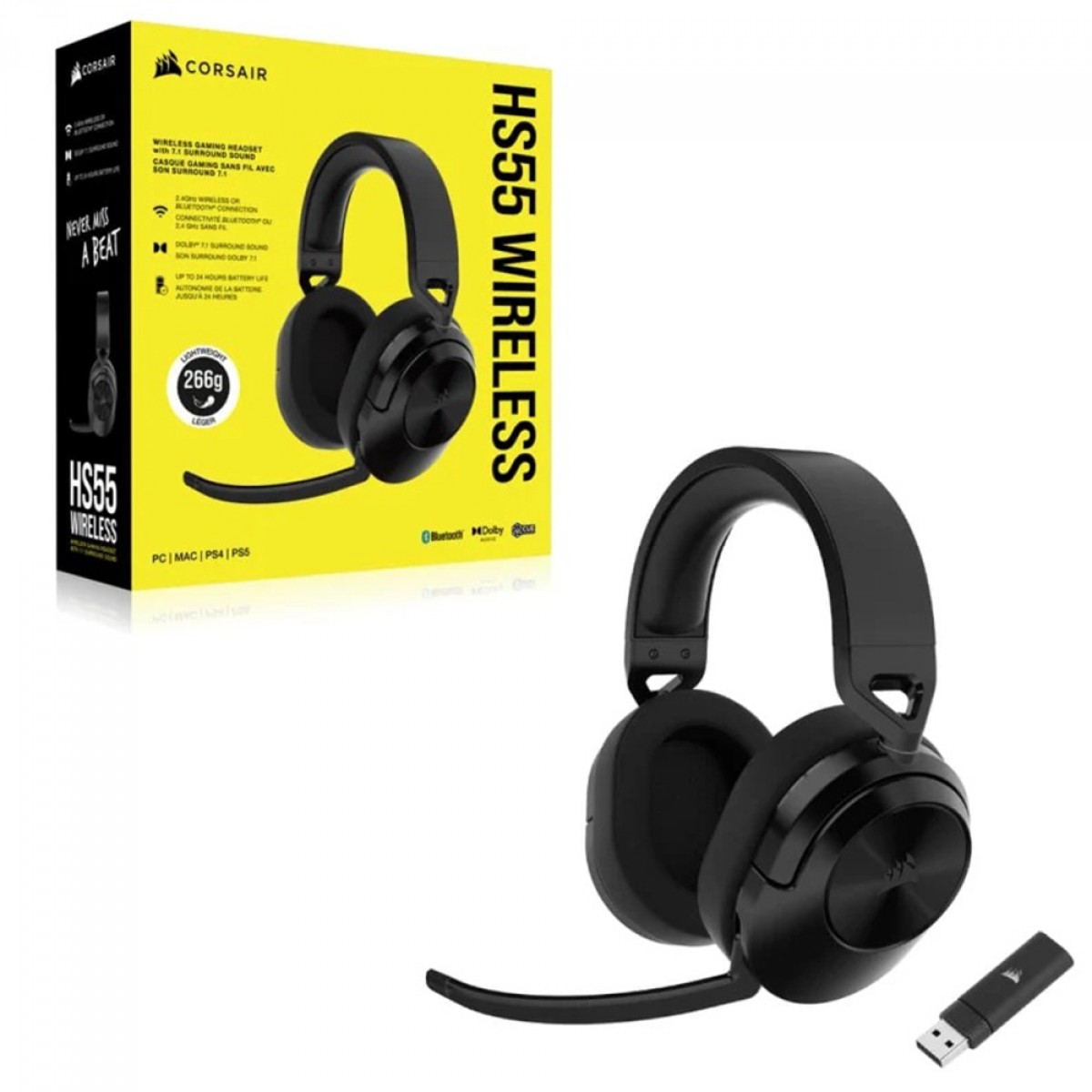 Headset Gamer Corsair HS55 Wireless, Bluetooth, Drivers de 50mm, 7.1 Surround, Carbon, CA-9011280-NA