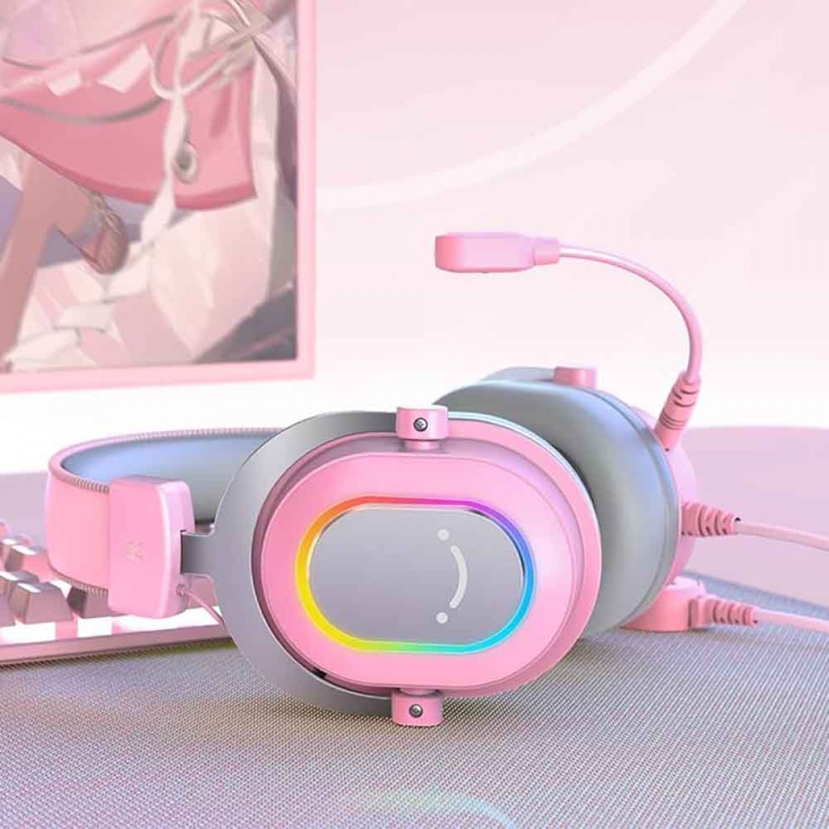 Headset Gamer Fifine H6P, 7.1 Surround, Drivers de 50mm, RGB, USB, Pink
