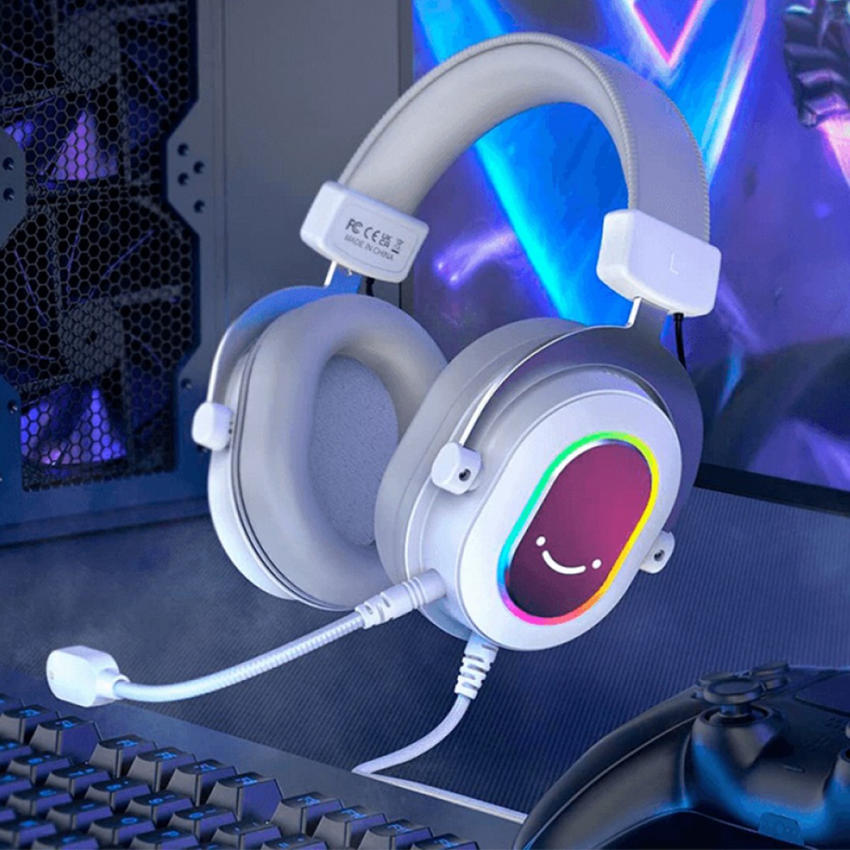 Headset Gamer Fifine H6W, 7.1 Surround, Drivers de 50mm, RGB, USB, White