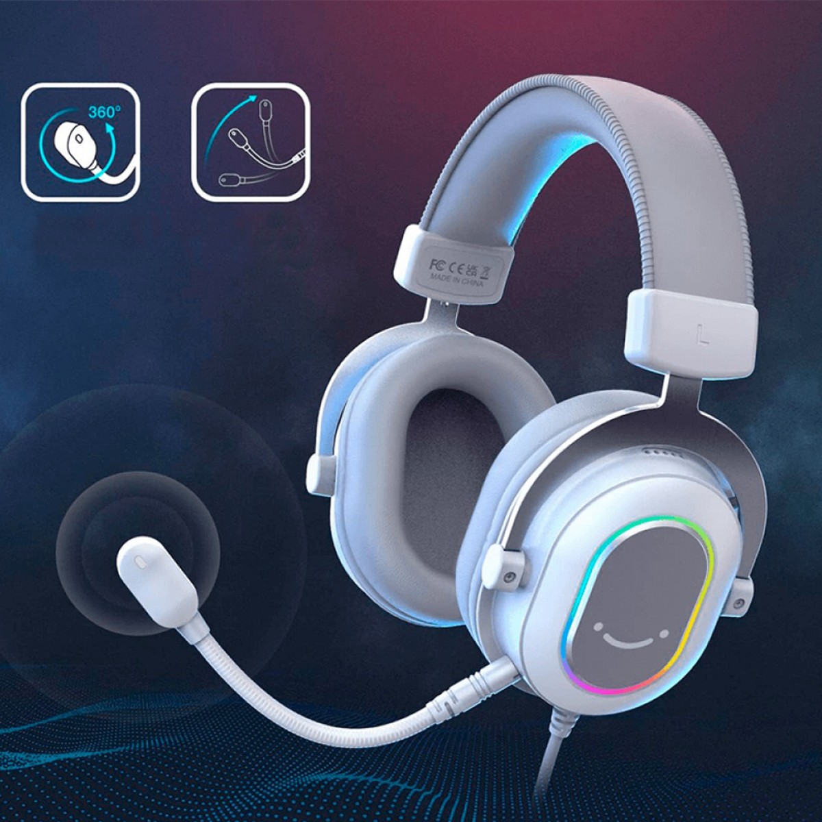 Headset Gamer Fifine H6W, 7.1 Surround, Drivers de 50mm, RGB, USB, White