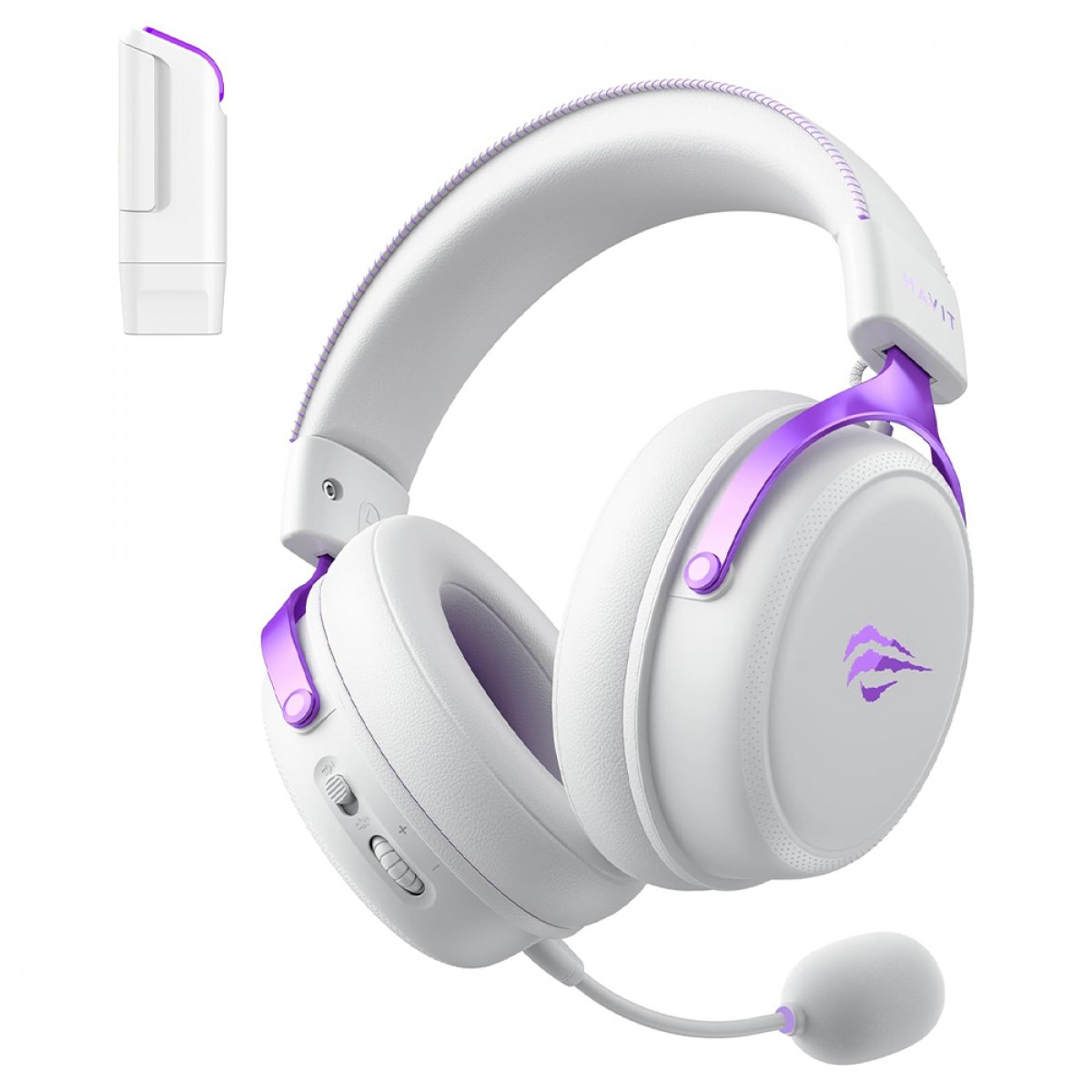 Headset Gamer Havit H2015YG Quad-Mode, Wireless/Bluetooth/USB, Drivers de 53mm, Branco e Roxo