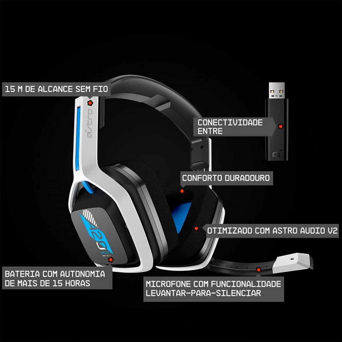 Headset Gamer Logitech Astro A20 Gen 2, USB, PS5/4, PC/MAC, White/Blue, 939-001877