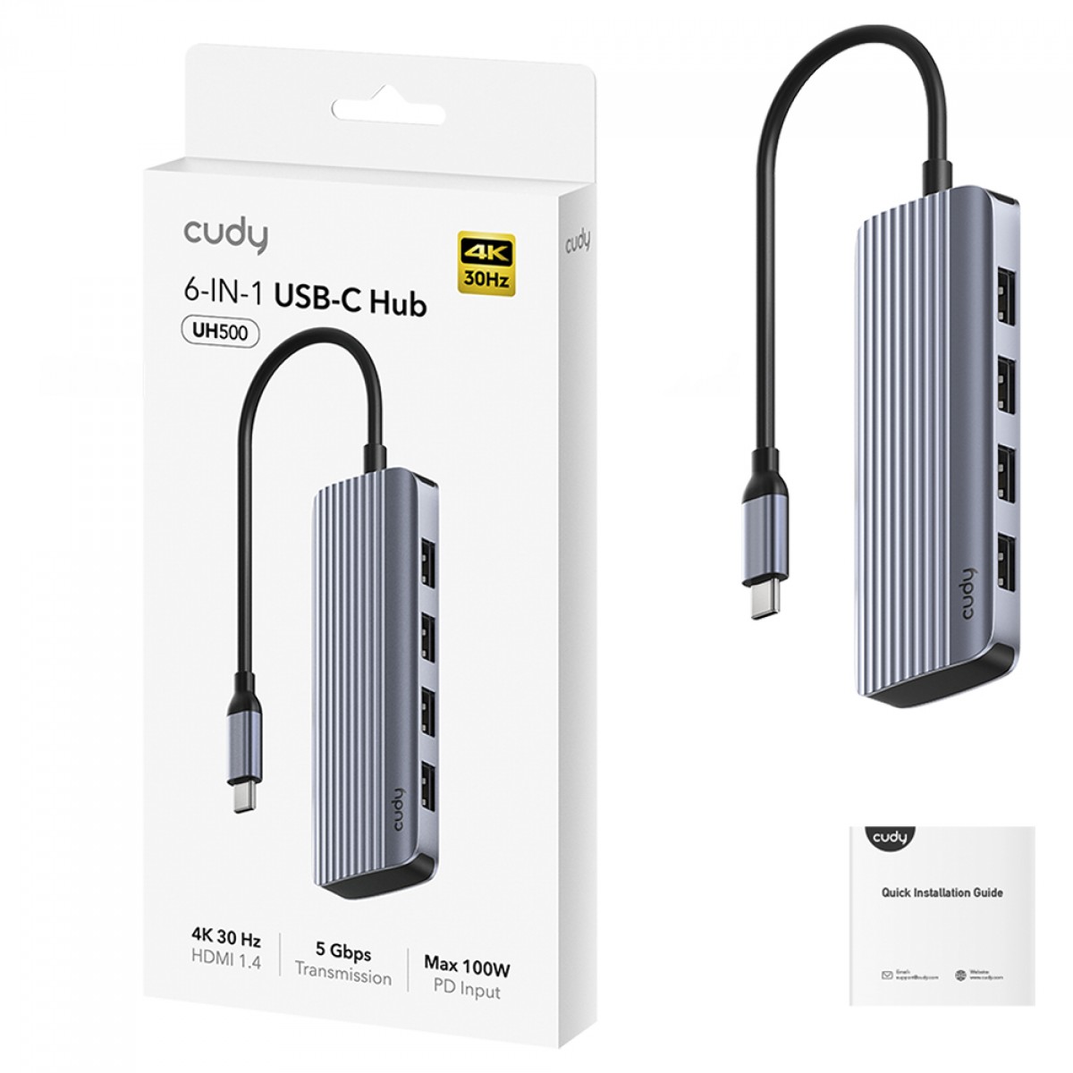 Hub Adaptador 6 em 1 Cudy UH500, Tipo-C para HDMI 1.4+USB 3.2+USB Tipo-C