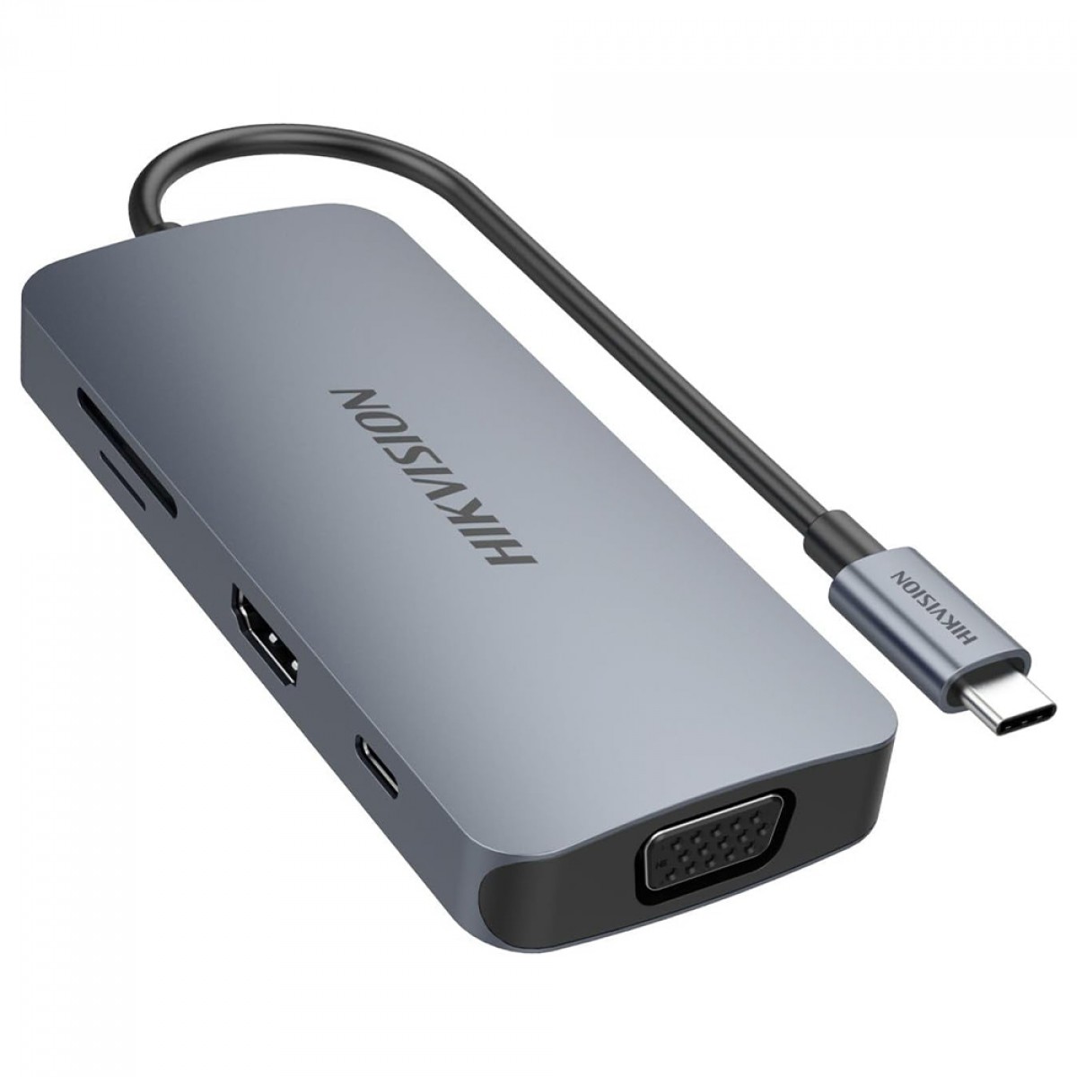 Hub Adaptador Hikvision 8 em 1, USB-C Para USB 3.0+HDMI+VGA+TF/SD+Tipo-C, Cinza, HS-HUB-DS801