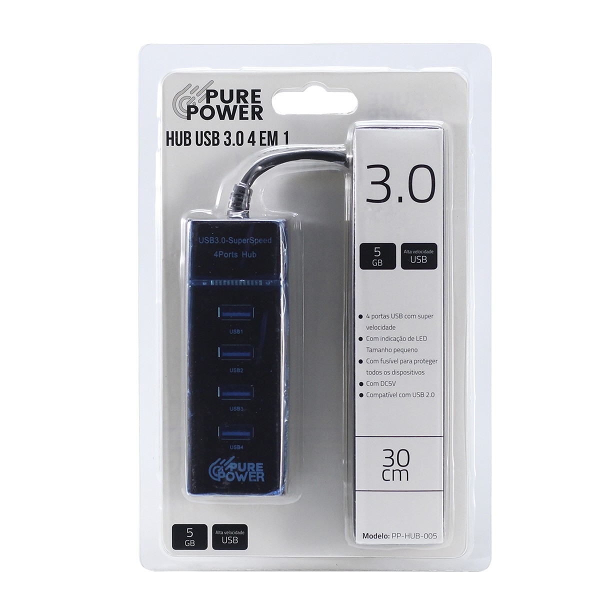 HUB 4 Em 1, USB 3.0, Pure Power, PP-HUB-005