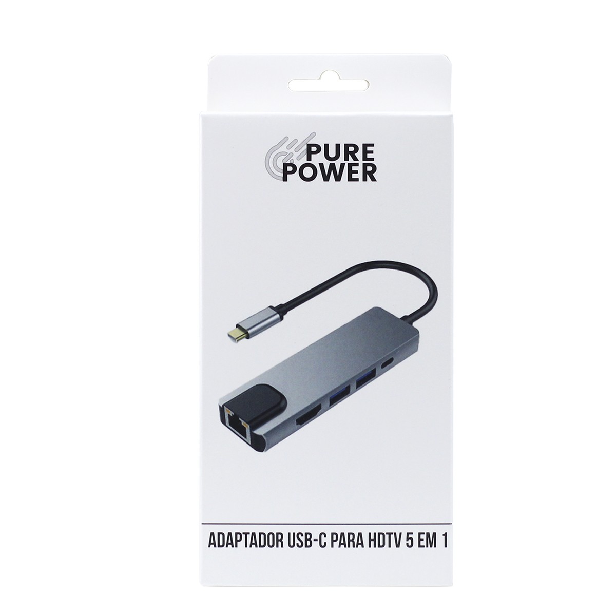 Hub 5 Em 1, USB-C para HDMI+USB 3.0+USB 2.0+RJ45+PD, Pure Power, PP-HUB-001