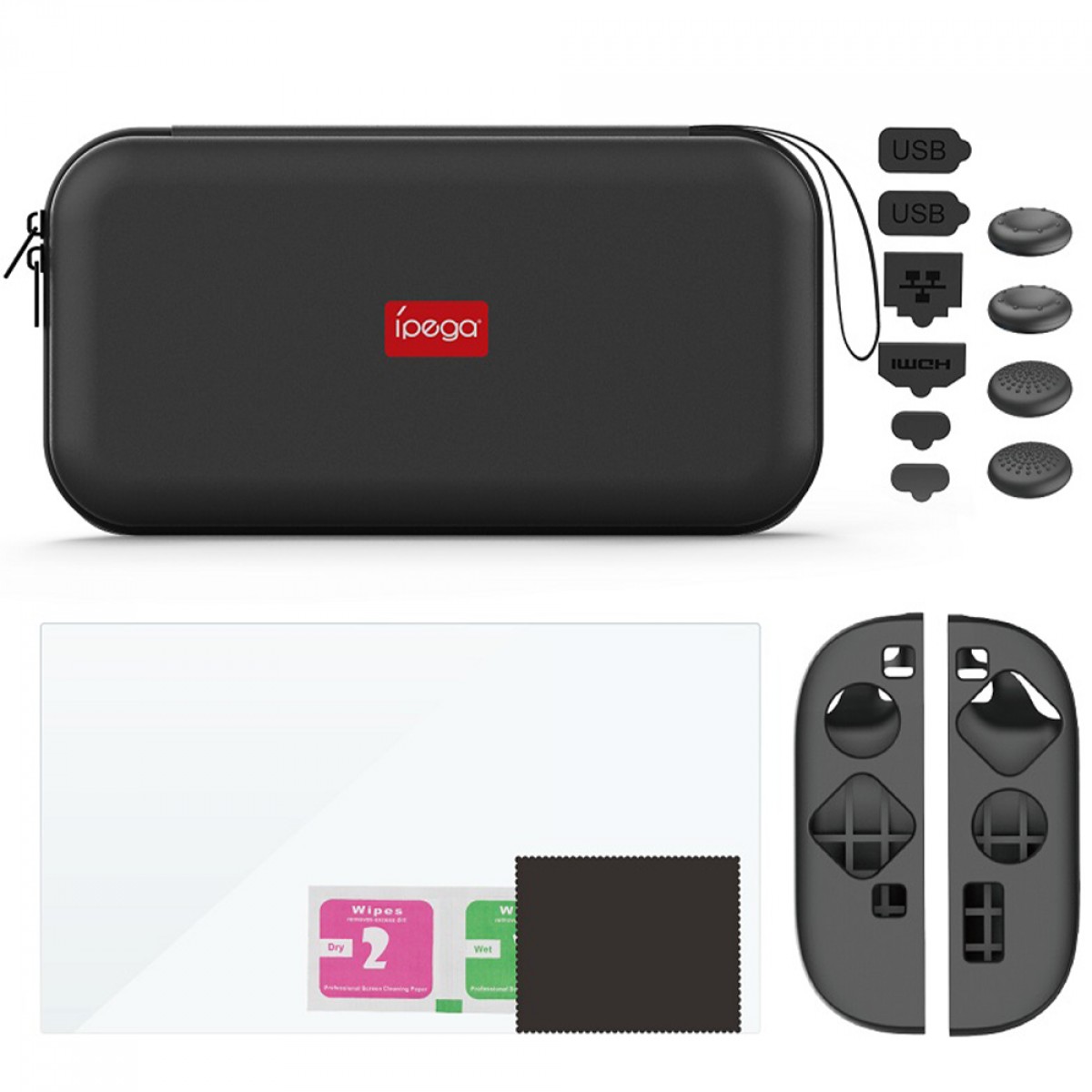 Kit 9 em 1 Ipega Para Nintendo Switch 2, Case + Capa de Silicone + Película + Acessórios, Preto, PG-2194P