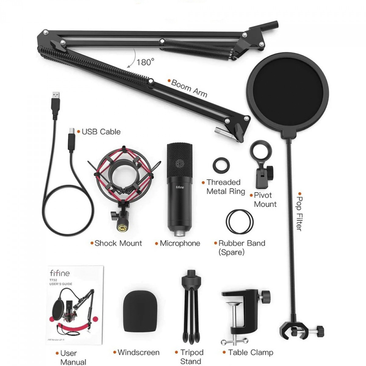 Kit de Microfone Condensador Fifine T732, USB, Black, Com Braço Articulado