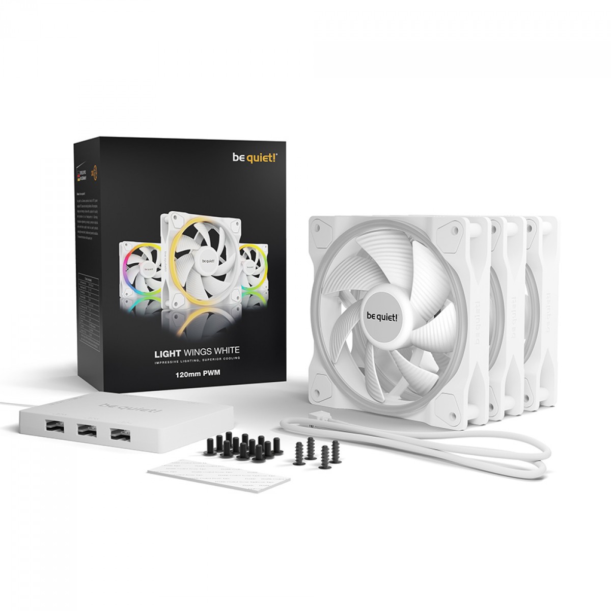 Kit Fan Com 3 Unidades Be Quiet Light Wings, 120mm, ARGB, PWM, Branco, BL100