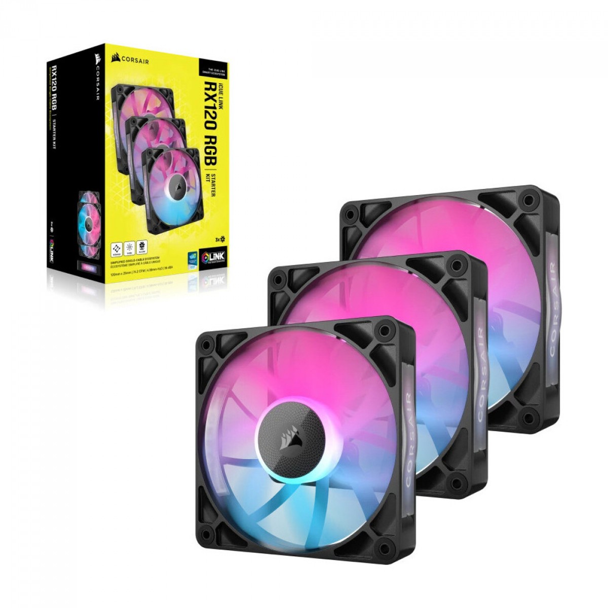 3287Kit Fan Com 3 Unidades Corsair iCUE LINK RX120, RGB, 120mm, Preto, CO-9051018-WW