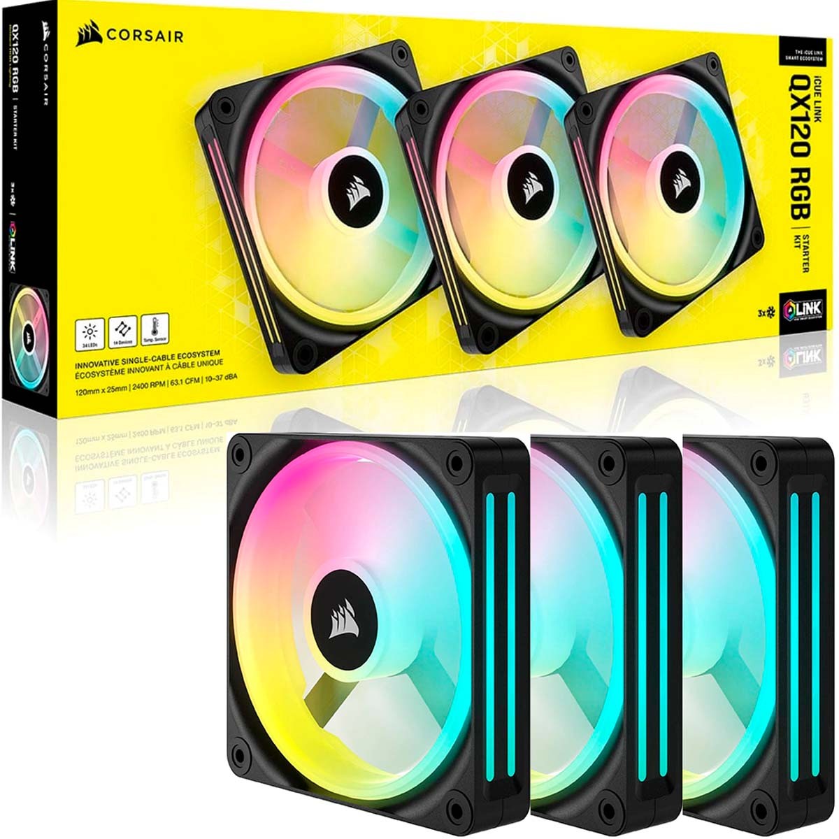 Kit Fan Com 3 Unidades, Corsair, iCue, QX120, RGB, Magnetic, 120mm, Black, CO-9051002-WW