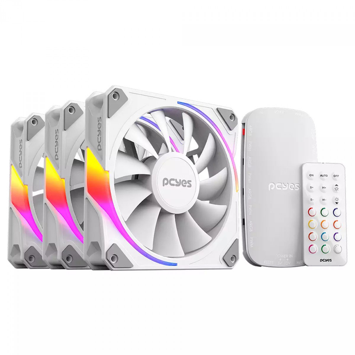 Kit Fan Com 3 Unidades PCYES Sangue Frio 3 ARGB White Ghost, 120mm, Com Controladora, Branco, K3ARGBSF3WGBR