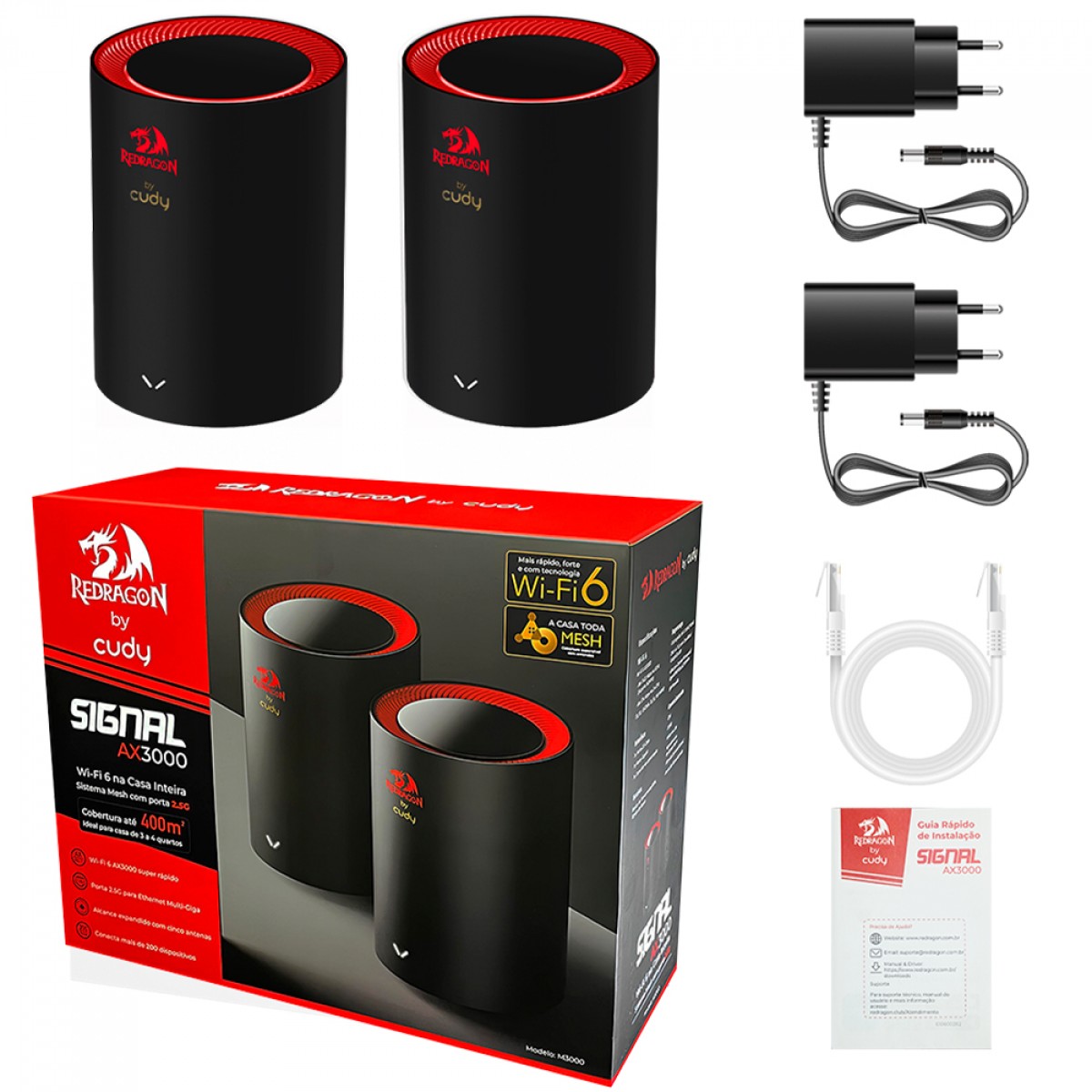 Kit Roteador Mesh Redragon M3000, Wi-Fi 6, Dual-Band, AX3000, Com 2 Unidades, M3000(2-PACK)_BR V1.0