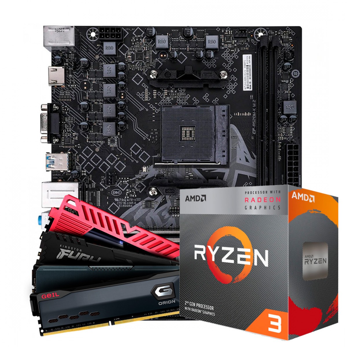 Kit Upgrade, AMD Ryzen 3 3200G, Placa Mãe Chipset A520, Memória 16GB DDR4
