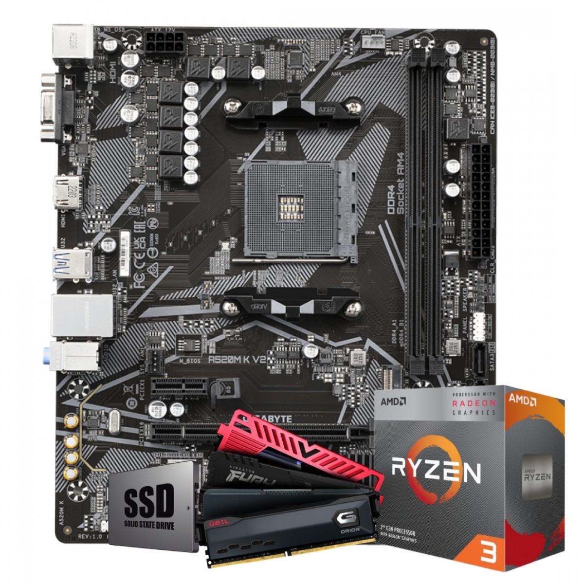 Kit Upgrade, AMD Ryzen 3 3200G, Placa Mãe Chipset A520, SSD 240GB, Memória 16GB DDR4