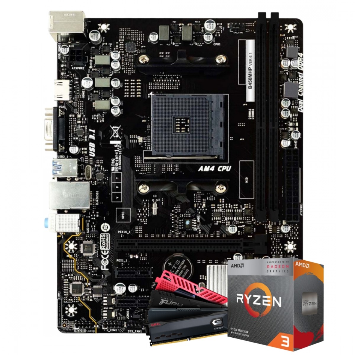 Kit Upgrade, AMD Ryzen 3 3200G, Placa Mãe Chipset B450, Memória 16GB DDR4