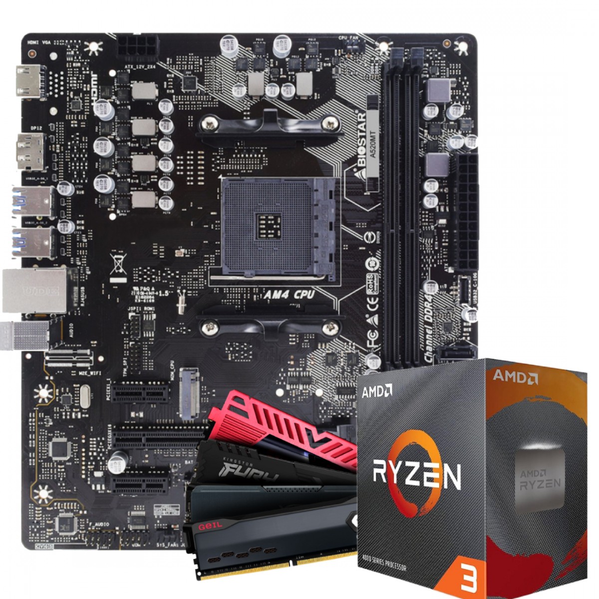 Kit Upgrade, AMD Ryzen 3 4100, Placa Mãe Chipset A520, 16GB DDR4
