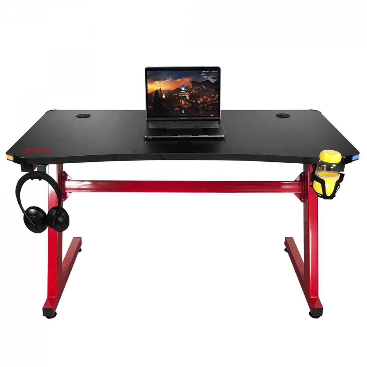 Mesa Gamer Marvo DE-08, Com Suporte Para Headset e Copo, Preto e Vermelho, DE-08