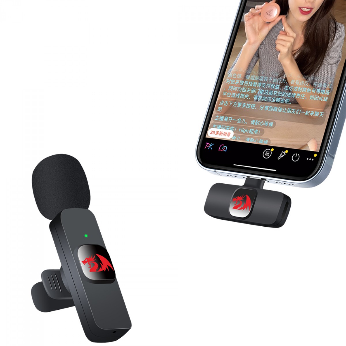 Microfone de Lapela Redragon Athan, Wireless, USB Tipo-C, Preto, GM93