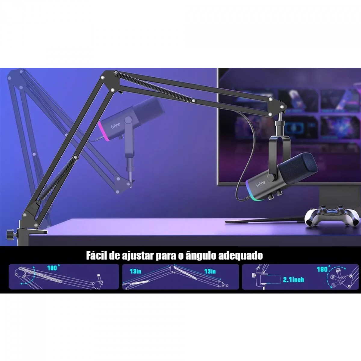 Microfone Gamer Fifine AM8T, RGB, USB/XLR, Preto, Com Braço Articulado