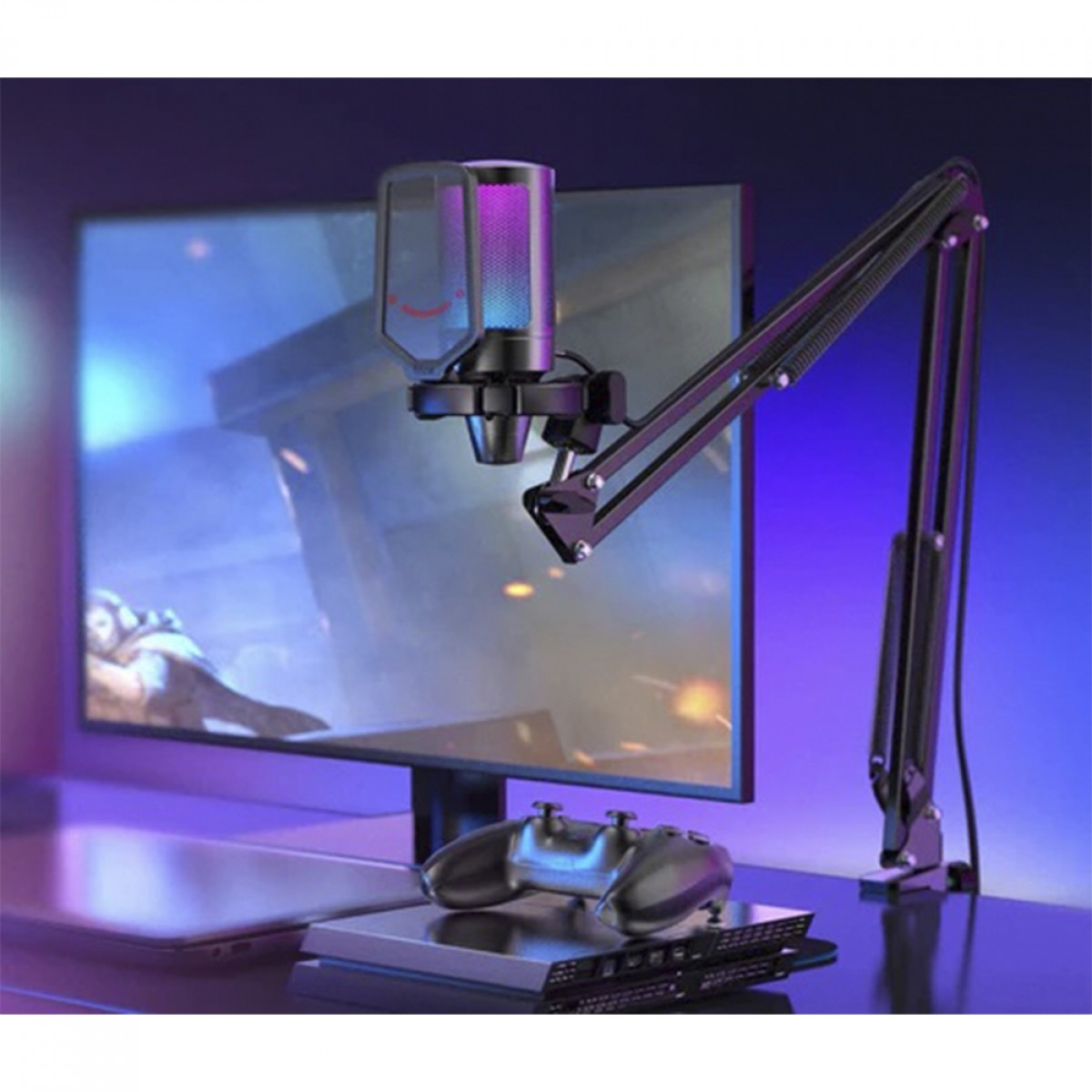 Microfone Gamer Fifine Ampligame A6T, RGB, USB, Black, Com Braço Articulado