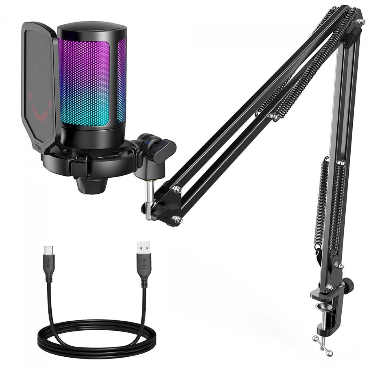 Microfone Gamer Fifine Ampligame A6T, RGB, USB, Black, Com Braço Articulado