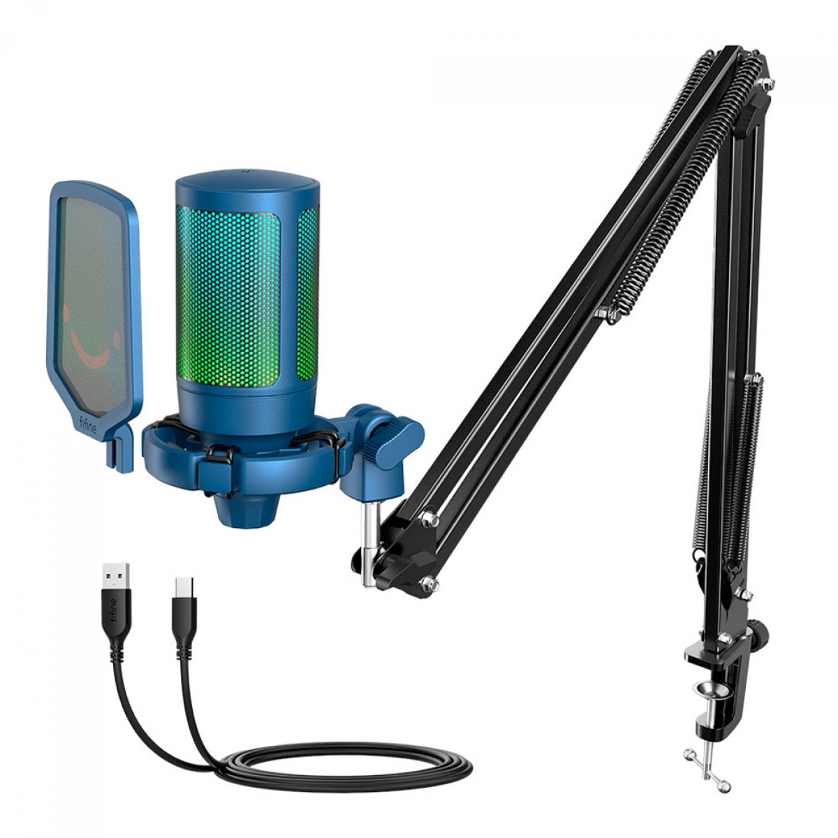 Microfone Gamer Fifine Ampligame A6T, RGB, USB, Blue, Com Braço Articulado