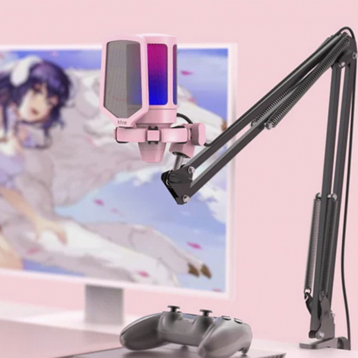 Microfone Gamer Fifine Ampligame A6T, RGB, USB, Pink, Com Braço Articulado