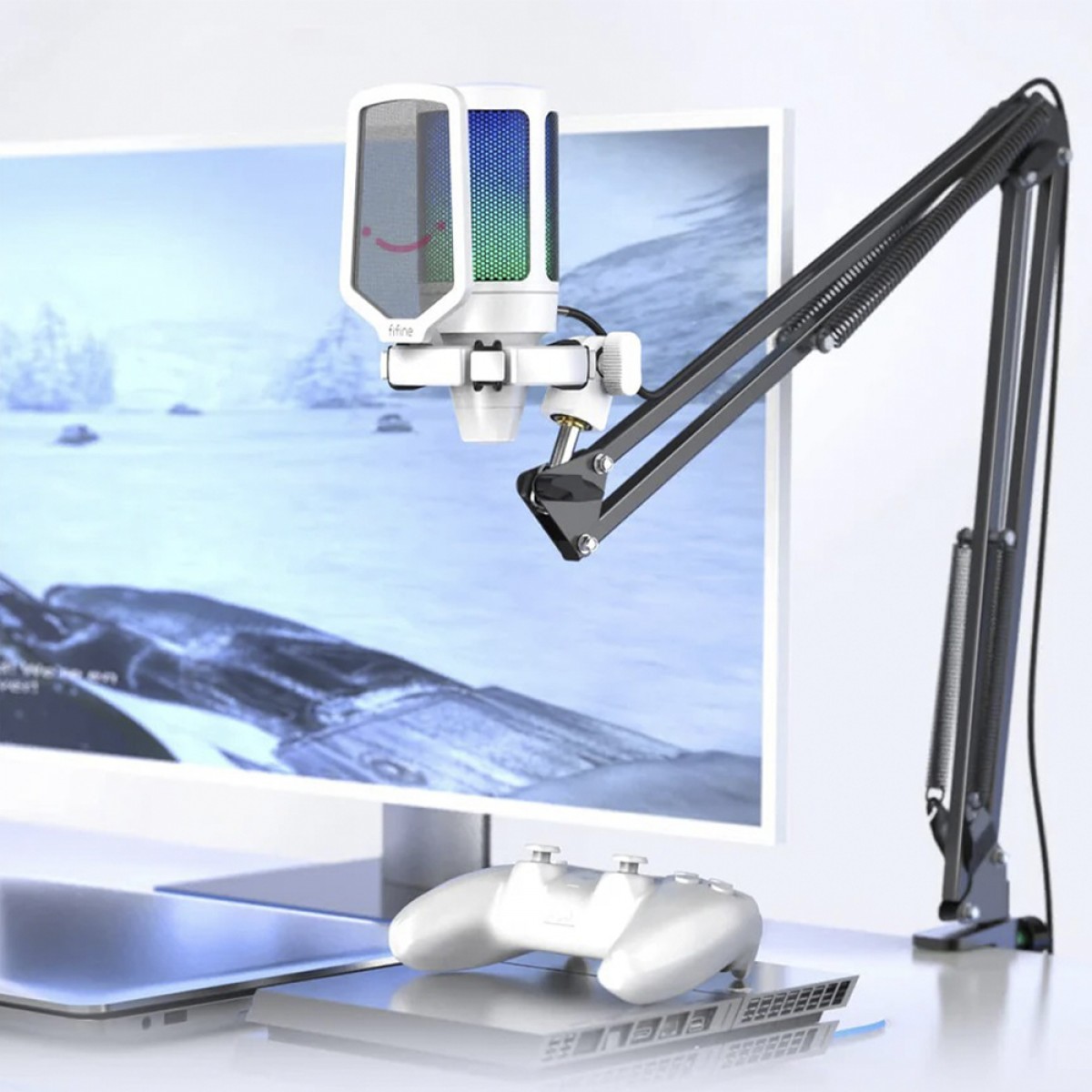 Microfone Gamer Fifine Ampligame A6T, RGB, USB, White, Com Braço Articulado