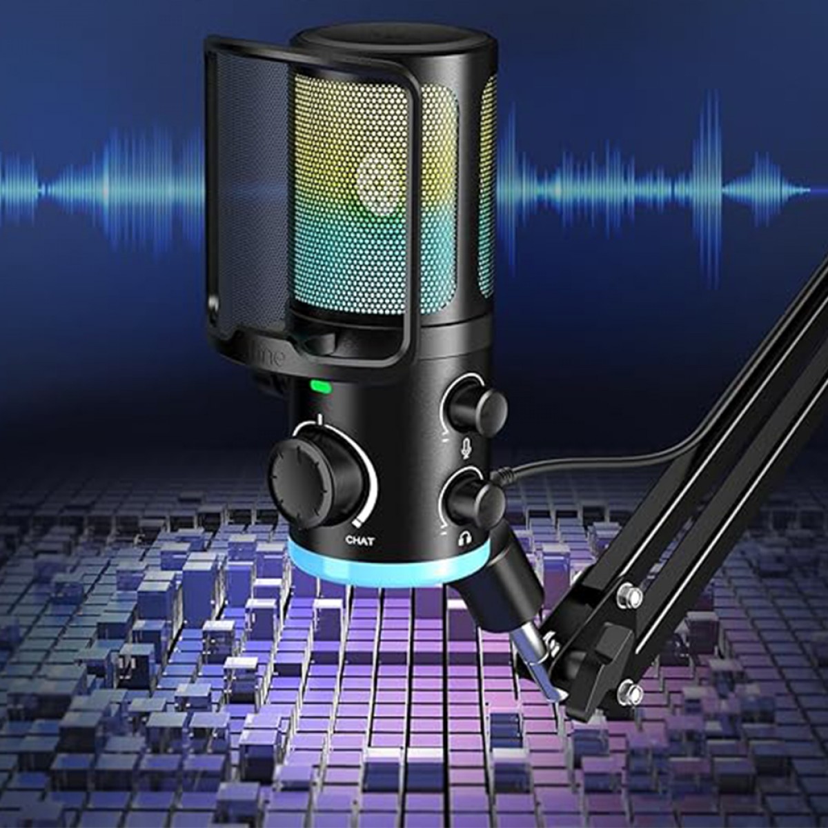 Microfone Gamer Fifine AmpliGame AM6T, Condensador, RGB, USB, Preto, Com Braço Articulado