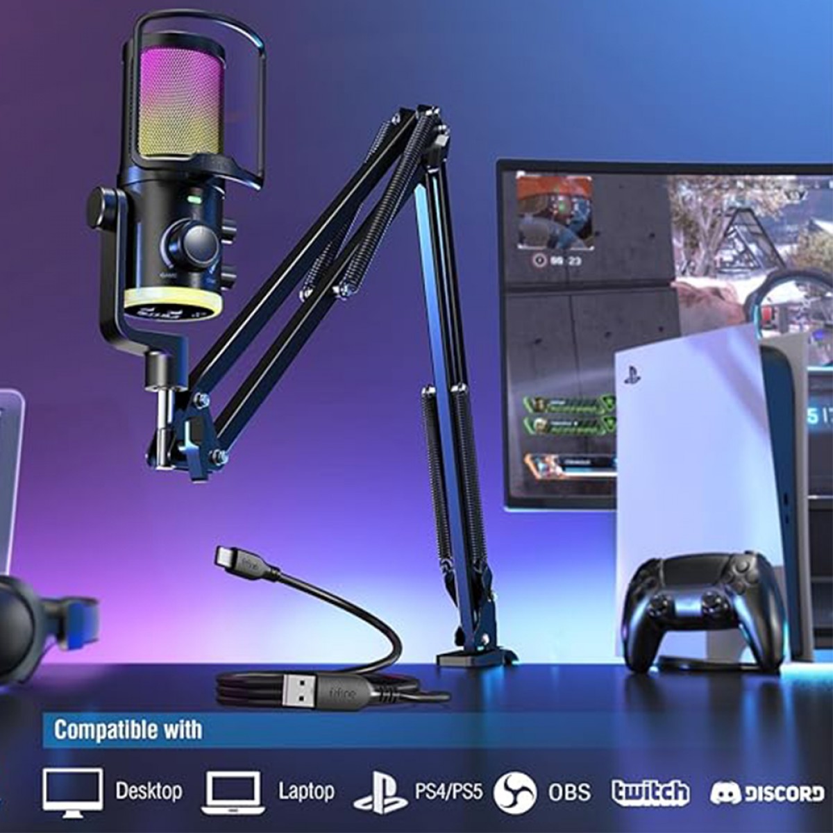 Microfone Gamer Fifine AmpliGame AM6T, Condensador, RGB, USB, Preto, Com Braço Articulado