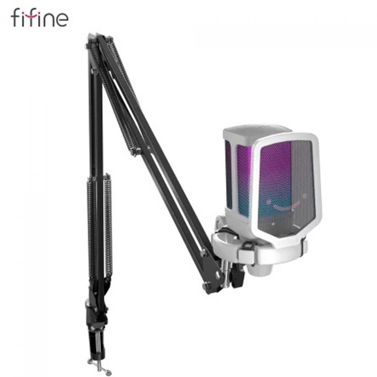 Microfone Gamer Fifine Ampligame Q6TW, RGB, USB, White, Com Braço Articulado
