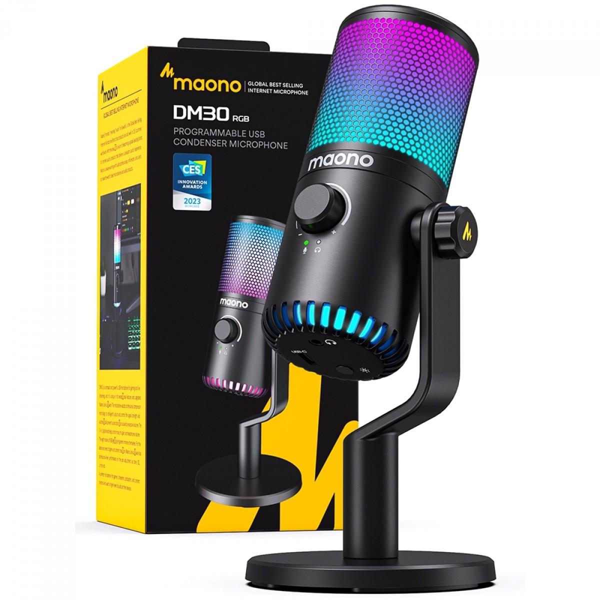 Microfone Gamer Maono DM30, RGB, USB, Condensador, Preto