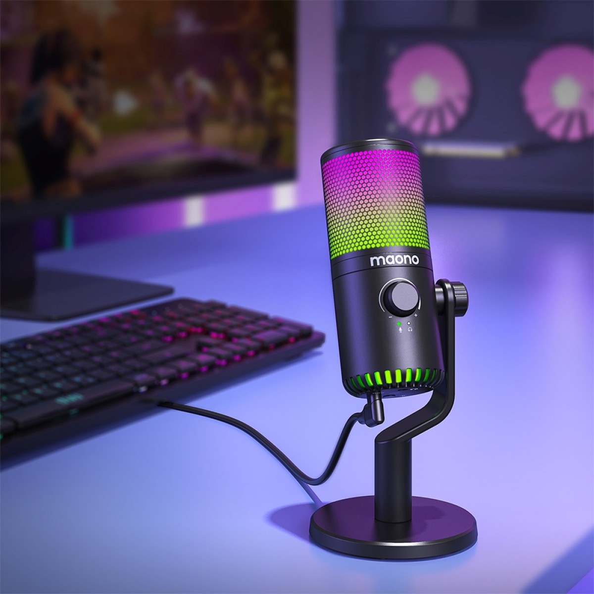 Microfone Gamer Maono DM30, RGB, USB, Condensador, Preto