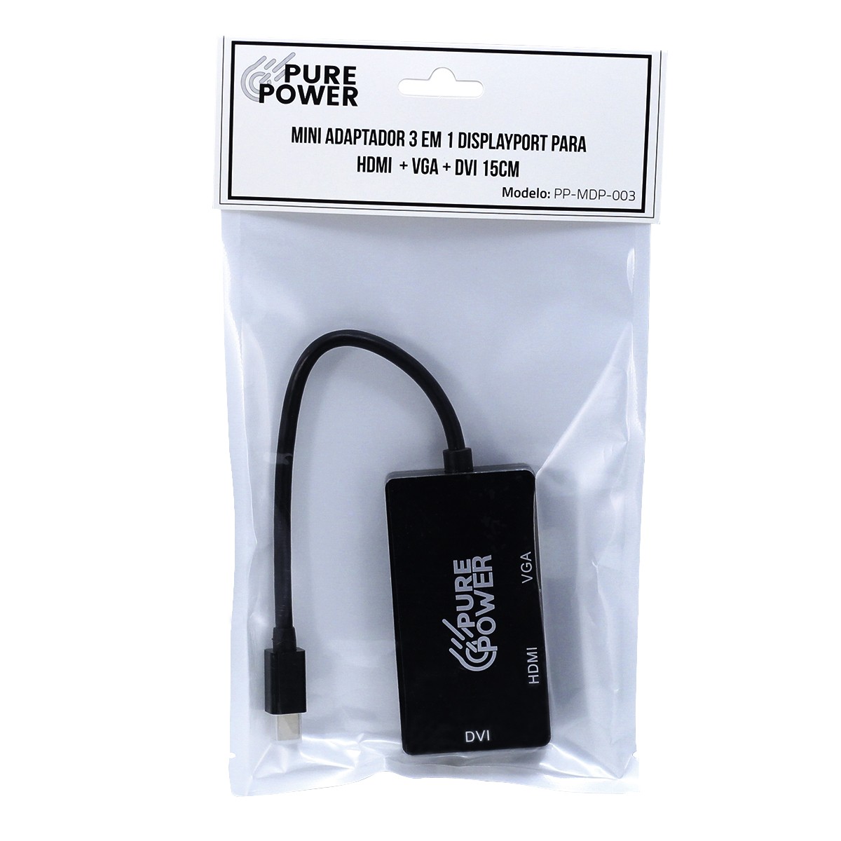 Mini Adaptador 3 em 1, DisplayPort para HDMI + VGA + DVI 15CM,  Pure Power