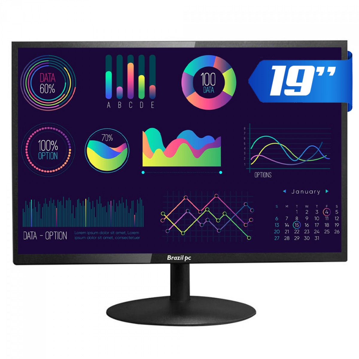 Monitor Brazil PC, 19 Pol, LED, 60Hz, HDMI/VGA, VESA, Com Inclinação, BPC-19WE02-B