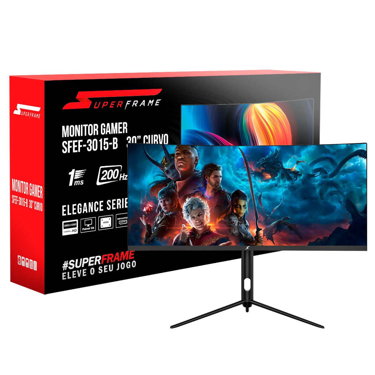 Monitor Gamer SuperFrame Elegance Series, Black, 30 pol, Curvo, UltraWide, Full HD, VA, 1ms, 200Hz, FreeSync, HDMI/DP, SFEF-3015-B