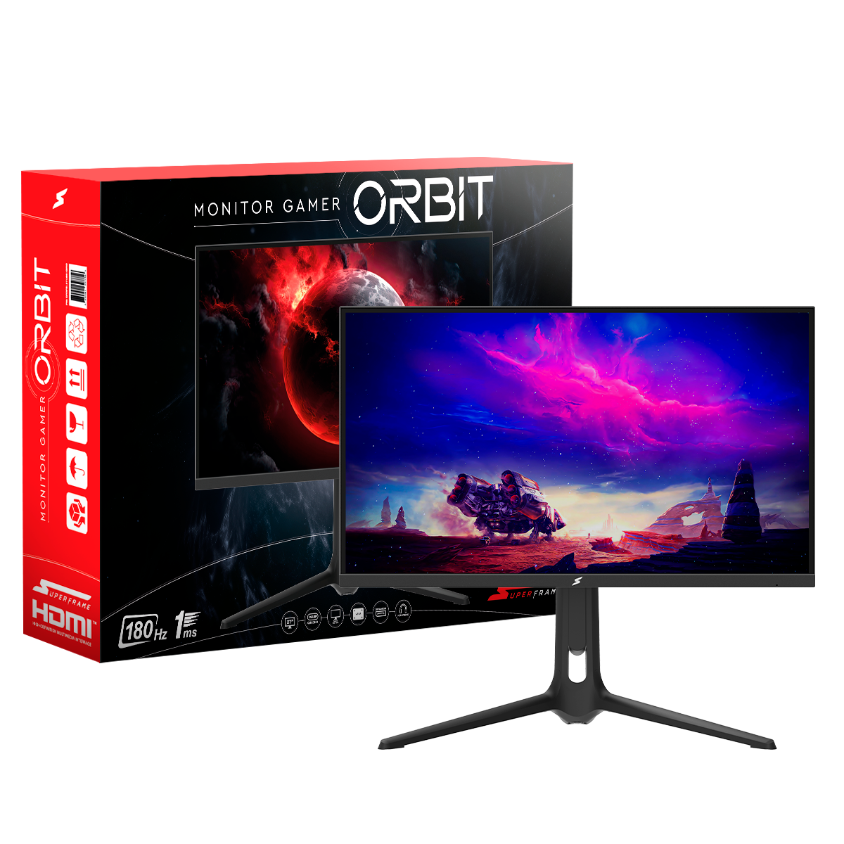 Monitor Gamer SuperFrame Orbit, 27 Pol, Quad HD, 180Hz, Fast IPS, 1ms, 130% sRGB, FreeSync, HDR, HDMI/DP, Preto, SFOFB-27180-QHD-PRO