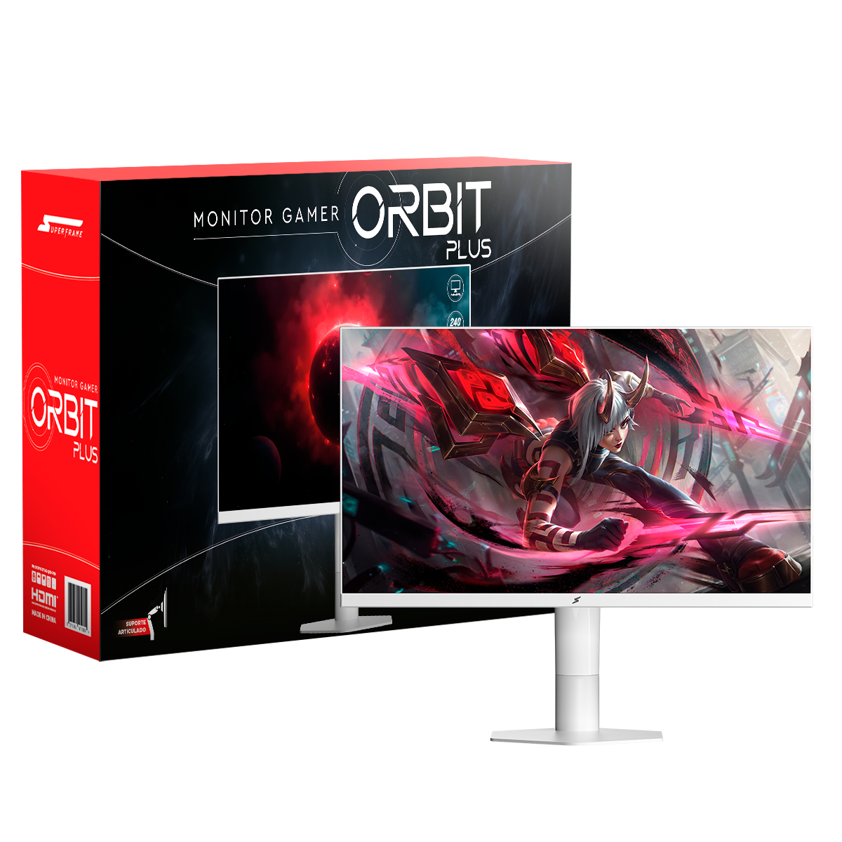 Monitor Gamer SuperFrame Orbit Plus, 27 Pol, Quad HD, 240Hz, IPS, 1ms, 115% sRGB, FreeSync/G-Sync, Suporte Articulado, HDMI/DP, Branco, SFOFW-27240-QHD-PRO
