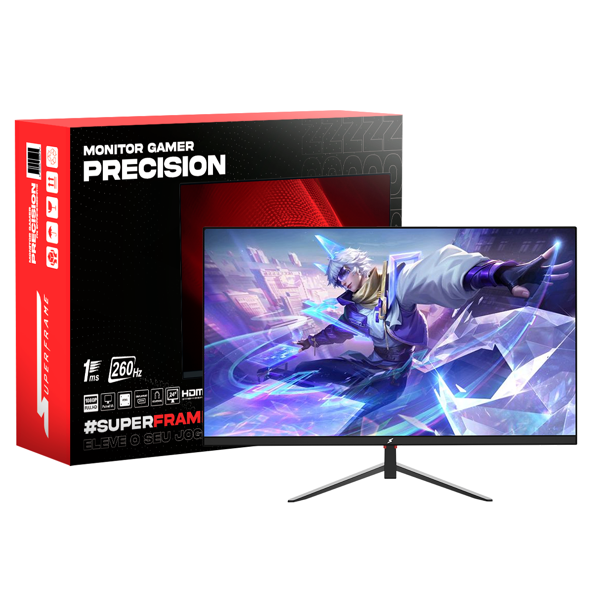 Monitor Gamer SuperFrame Precision, 24,5 Pol, Full HD, VA, 1ms, 260Hz, FreeSync/G-Sync, HDMI/DP, Preto, SFPFB-24260-FHD