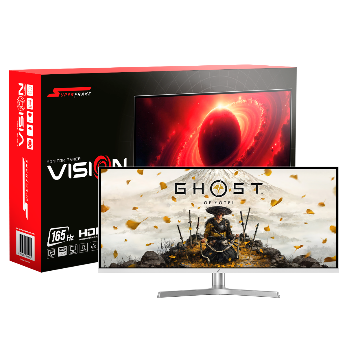 Monitor Gamer SuperFrame Vision Ultra, 34 Pol, Flat, UltraWide, Quad HD, 1ms, 165Hz, IPS, HDR, FreeSync, HDMI/DP, White, SFVFW-34165-QHD-PRO